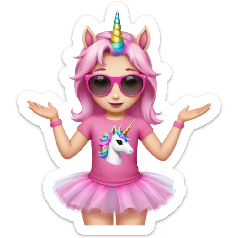 friendly anthropomorphised female unicorn in tutu and pink t-shirt, wearing dark sunglasses, relaxed pose, head and shoulders portrait sticker