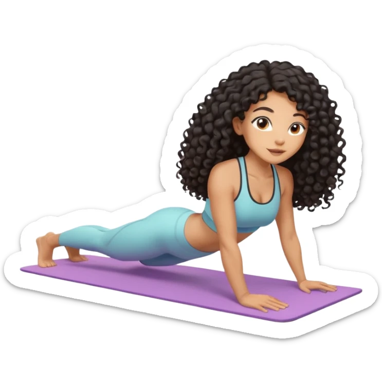 Mixed-race athletic woman with caramel skin, slim thick, long black curly hair, in a plank position on a pastel yoga mat sticker