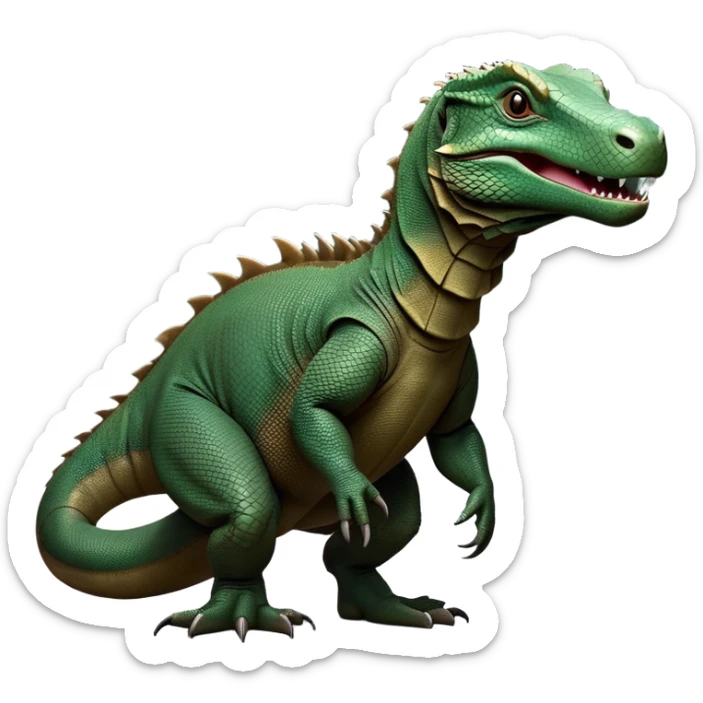 cinematic-komodo-dragon-realistic-full-body-standing-emoji,-massive-scaled-body-poised-with-quiet-power,-rough-textured-skin-dark-green-and-brown,-head-tilted-dramatically,-long-forked-tongue-flicking-out,-simplified-yet-realistic-focused-features,-highly-detailed,-glowing-with-an-almost-sarcastic-glow sticker