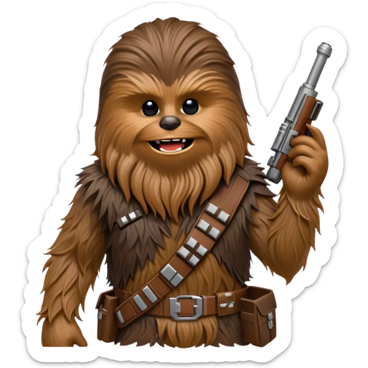 Chewbacca, the wookiee from Star Wars with brown fur and bandolier sticker