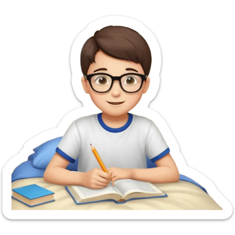 un niño de entre 3 - 10 años estudiando ingles, un destello de luz o colores más vivos para el niño que estudia en su habitacion feliz  sticker