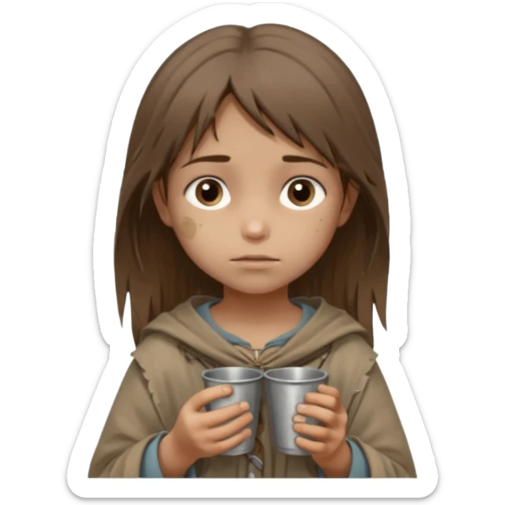 little beggar girl character, chest-up portrait, loose slightly messy hair, worn and oversized clothes in neutral earth tones, tired but gentle eyes, subtle dirt marks on face, holding small metal cups for coins, humble and innocent expression sticker