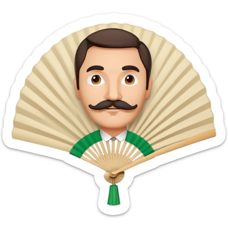 Folding paper fan with an Italian man with mustache printed as decoration on the fan surface sticker