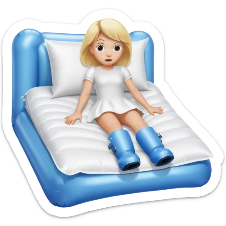 chica rubia con cara de miedo con unas botas de presoterapia gigantes inflables tirada en una cama sticker