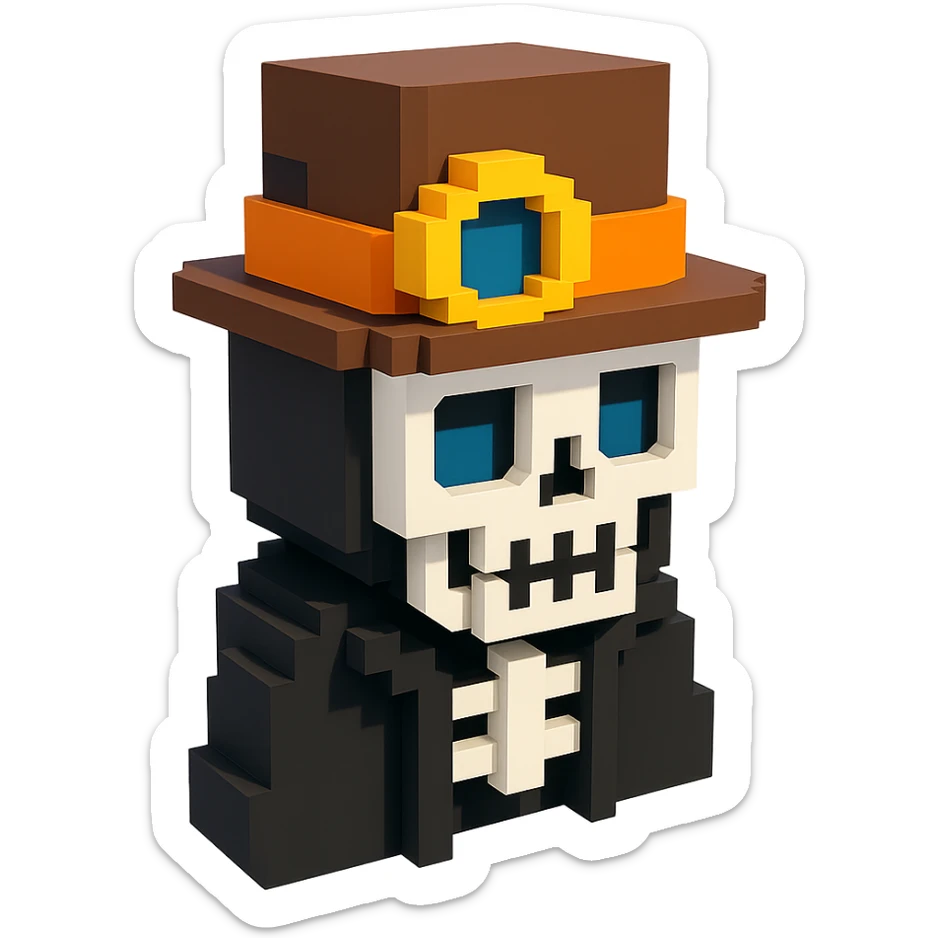 a skeleton man in a black cloak with a steampunk top hat, voxel style sticker