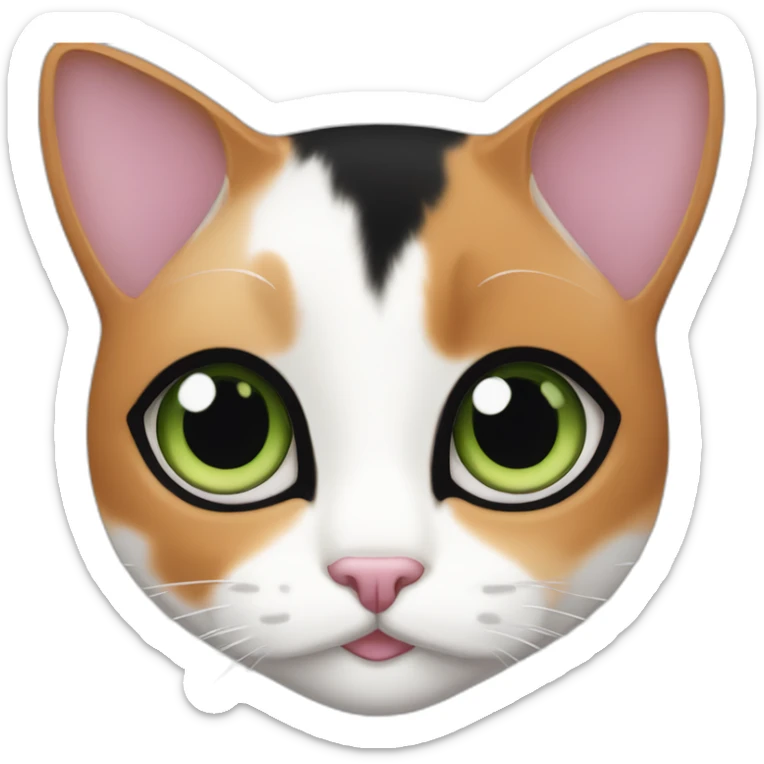 young calico cat face with a pink nose, white chin, green eyes, and black and orange markings sticker