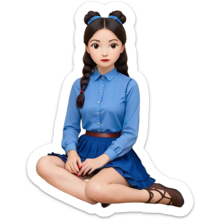 A woman with dark hair, straight and dark brown, styled in two buns, wears a blue long-sleeved shirt and a brown lace ruffled skirt. She holds a crayon in one hand. She sits on the floor with her legs crossed. The floor is covered with five stacks of colorful notebooks and a vase of red roses.  sticker