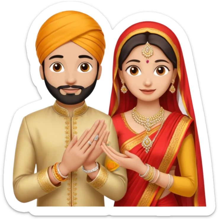 Two hands in a engagement..One hand of groom and one hand of bride. Bride hand - red/yellow saree. groom- light orange punjabi (oonly hands will be visible in the image). Groom's hand is holding a ring.*only the image of hand should be visible* sticker