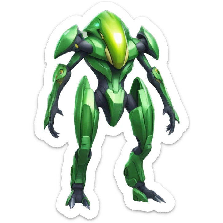 a shiny green Genesect-Raptor-Fakémon—hybrid with a futuristic visor-helmet full body sticker