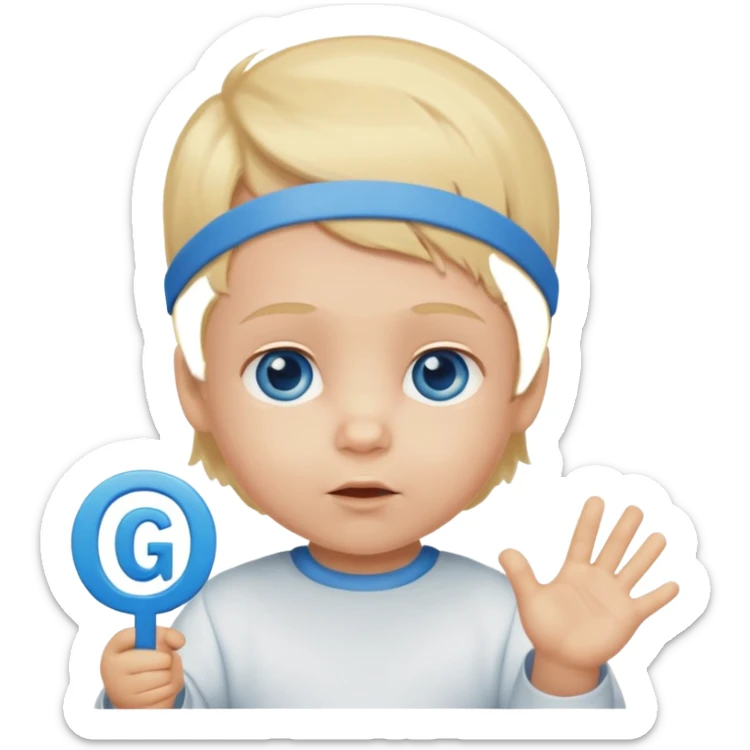 Caucasian blond hair blue eyed baby with a genius sign over it’s head sticker