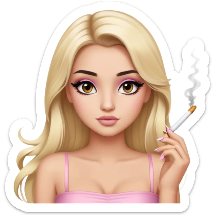 blonde long hair gorgeous girl with latina makeup holding a cigarette winged eyeliner big lashes light pink tube top sticker
