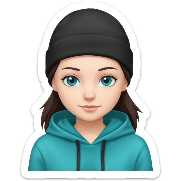 shaved haired brunette girl with a black beanie on and a teal hoodie. she has blue eyes and is smirking sticker