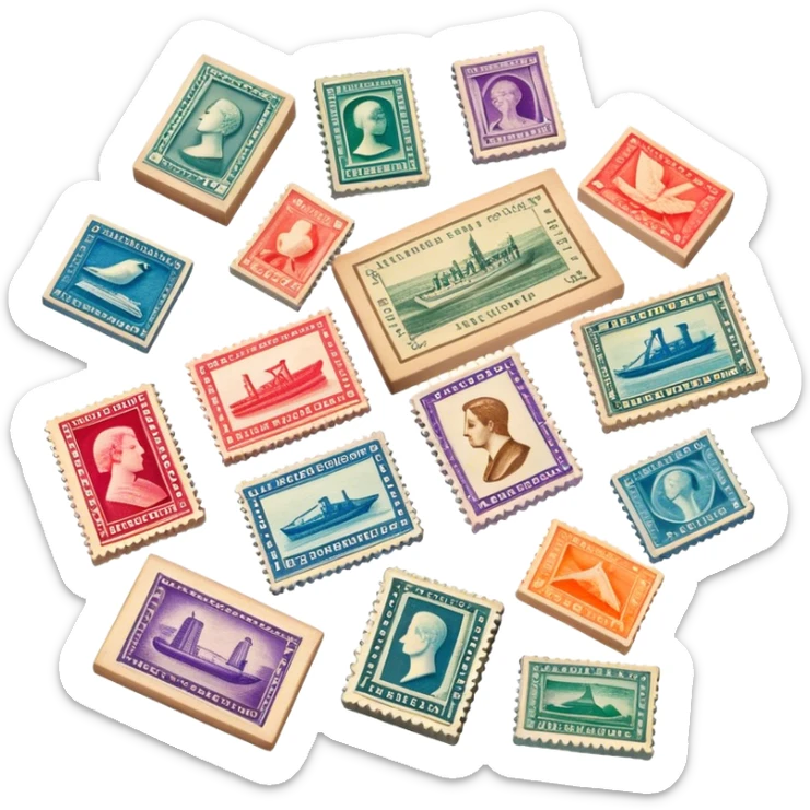 Icon for Stamp Collecting: a collection of vintage and colorful stamps arranged in an album or on a desk, with a large stamp block in the center showcasing different themes. The icon should reflect the charm and history of philately. Transparent background. sticker