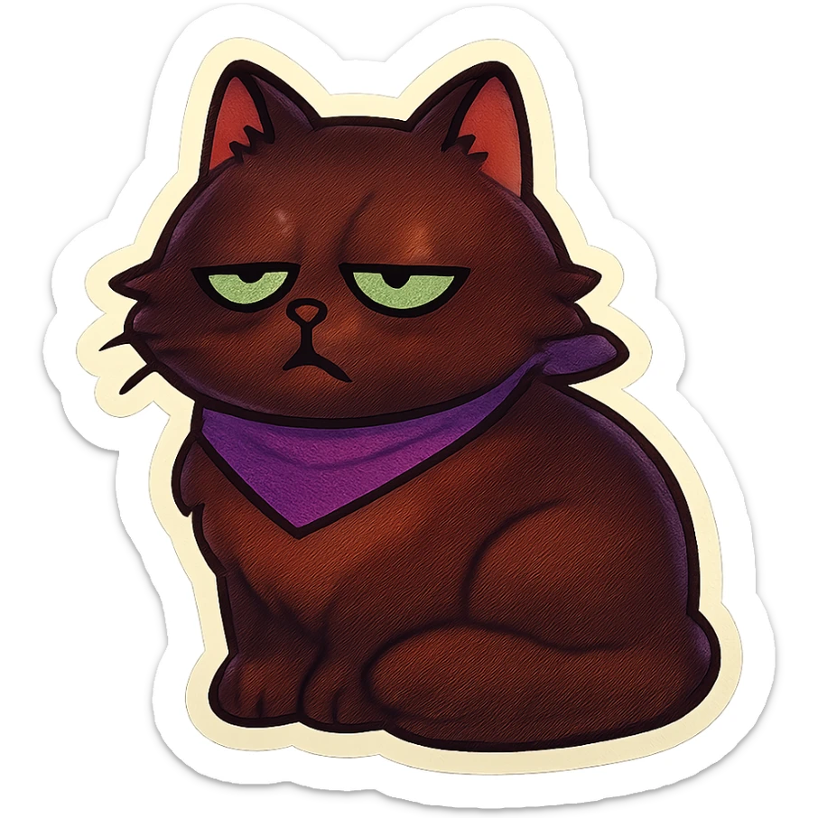 Fluffy sleepy tired dopey cute dark-brown cat with green eyes and a purple scarf  sticker
