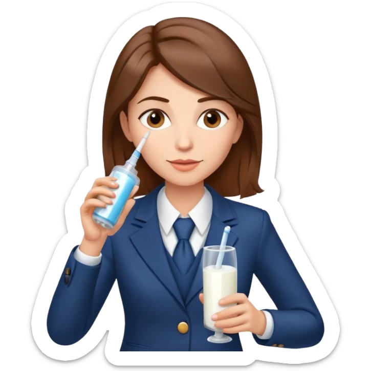 Mom with brown hair in business suit drinking milk and holding a vaccine syringe sticker