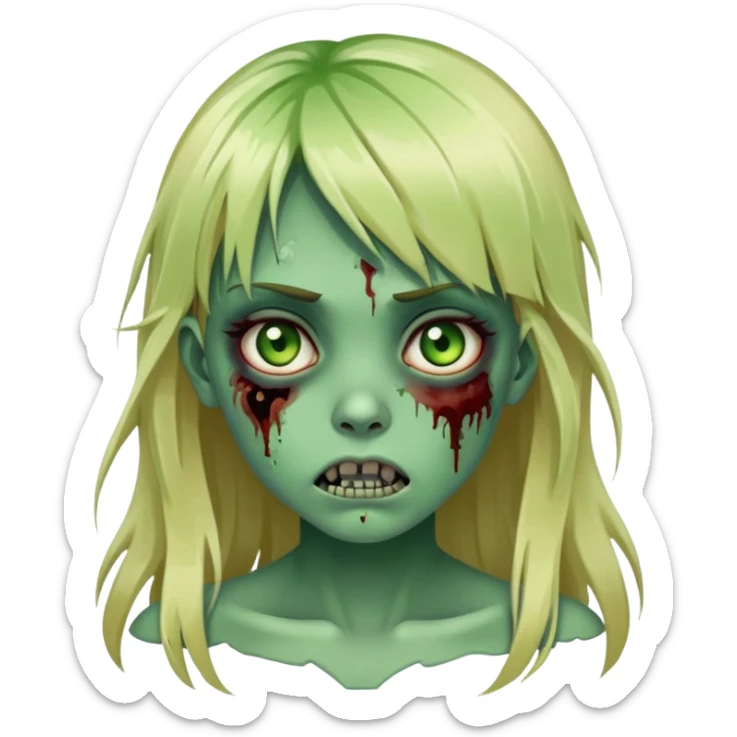 zombie girl with green skin, bruises, blonde long hair with bangs sticker
