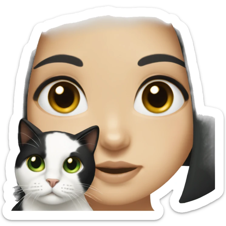 White girl with green eyes and black hair holding a calico cat sticker