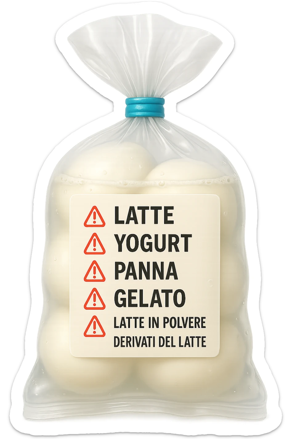 SU QUESTO STILE FAI UN EMOJI STILE IPHONE 3D DI UNa busta di mozzarelle con ETICHETTA CON GLI INGREDIENTI SCRITTI, "latte, yogurt, panna, gelato, latte in polvere, derivati del latte." accanto ad ogni nome scritto mettici un segnale di allarme, FALLO MOLTO REALISTICO IN 3D sticker