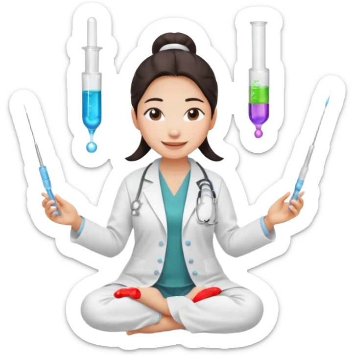 emoji of an asian woman with a single bun in a white lab coat sitting cross legged with a pipettes levitating in an arc around her head sticker