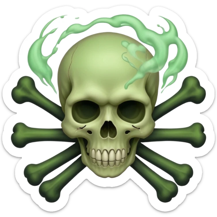 a poisonous cloud of gas, dark swamp color, with an image of a skull and two crossed bones behind the skull sticker