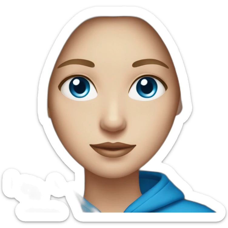 White woman with long dark straight hair and blue eyes with long eyelashes and blue hoodie sticker