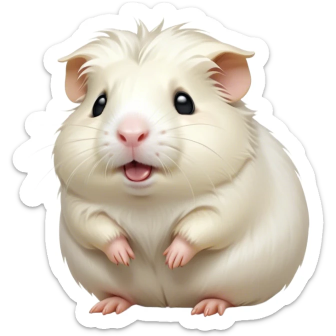 Cinematic Cute Yawning White Guinea Pig Portrait Emoji, Head tilted slightly with a dramatic, wide-open yawn, revealing a soft, downy white fur with tiny drooping ears, round dark eyes barely open in drowsy contentment, Simplified yet irresistibly adorable features, highly detailed, glowing with a soft, cozy glow, high shine, relaxed yet expressive, stylized with a touch of whimsy, bright and endearing, soft glowing outline, capturing the essence of a sleepy yet affectionate guinea pig, so drowsy it feels like it could stretch right out of the screen and curl up for a nap! sticker