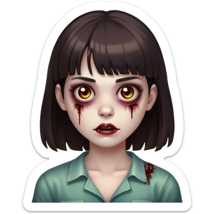 girl zombie with dark brown hair, bangs above the eyebrow and dark brown eyes  sticker
