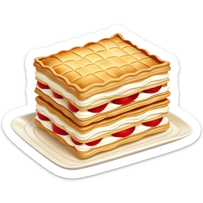 mille-feuille-cinematic-realistic-mille-feuille-dessert-emoji,-depicted-as-a-rectangular delicate-pastry-composed-of-two-crisp-layers-of-puff-pastry-with-a-rich-cream-filling,-rendered-with-intricate-textures-and-elegant,-soft-lighting. Please only show two layers only. sticker