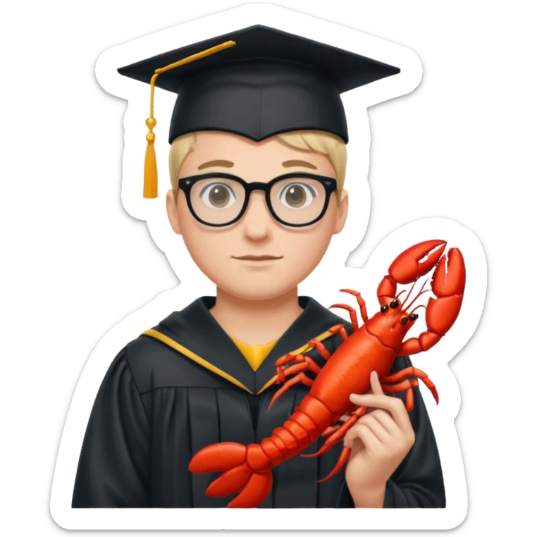wrestler in a graduation gown with glasses, holding a lobster, Ohio State theme sticker