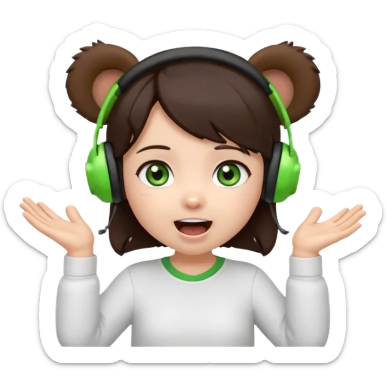 Animated emoji, Chibi girl, dark brown hair, green eyes, wearing a white shirt and small brown bear ears on a black headset, with wide happy surprised eyes and mouth and clapping excitedly sticker