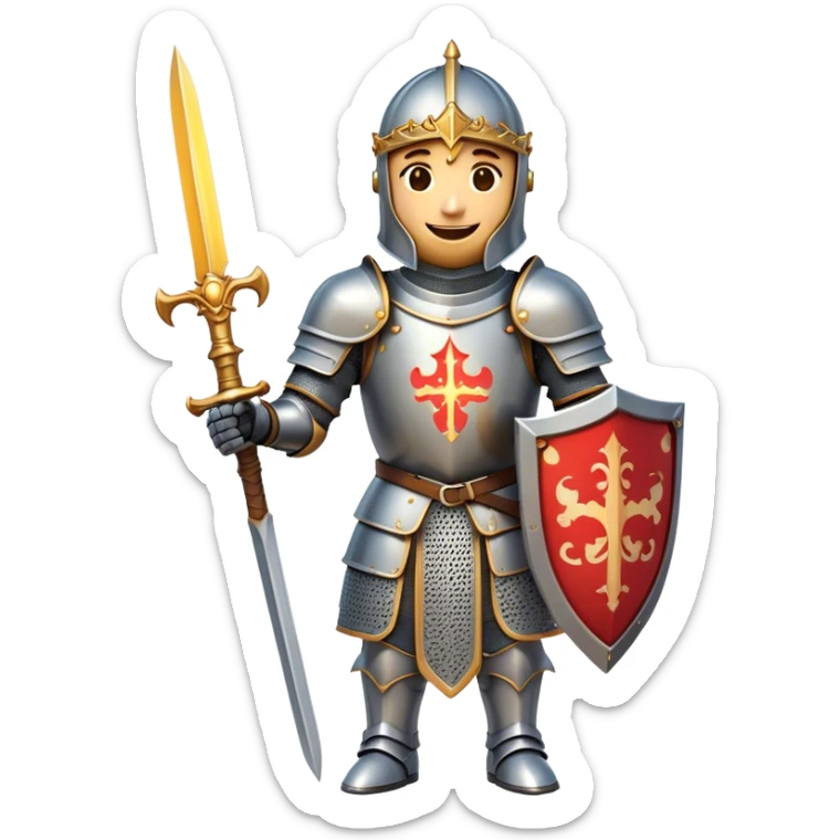 Clash of Clans aesthetic Cheerful Knight Portrait Emoji, With a radiant smile and an upright, confident stance, featuring an elegantly armored figure with intricate detailing and shining accents, his face in a natural skin tone, Simplified yet expressive features, highly detailed, glowing with a soft, luminous aura, high shine, upbeat and noble, stylized with an air of classic medieval heroism, soft glowing outline, capturing the essence of a cheerful knight ready to embark on legendary adventures! sticker