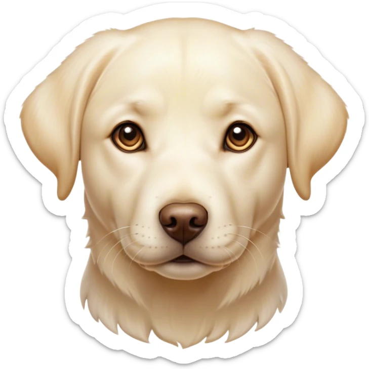 Cinematic Cute Cream Labrador Portrait Emoji, Head tilted playfully and inquisitively, featuring a silky cream Fur with a gentle sheen, round, sparkling warm eyes filled with curiosity, Simplified yet irresistibly adorable features, highly detailed, glowing with a warm, friendly glow, high shine, affectionate and spirited, stylized with a touch of whimsy, bright and endearing, soft glowing outline, capturing the essence of a mischievous yet loving companion, so playful it feels like it could dash out of the screen and into your arms! sticker