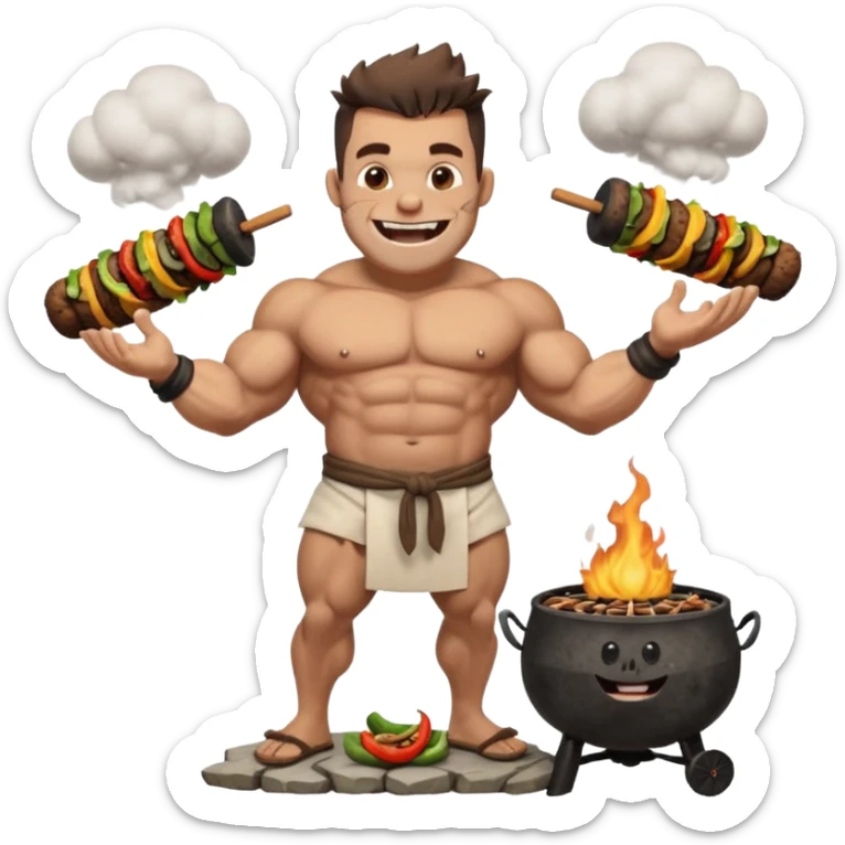ork male master chef flipping huge kebabs on stone barbecue, muscular, loincloth or shorts, big tusked grin, smoke, centered emoji sticker