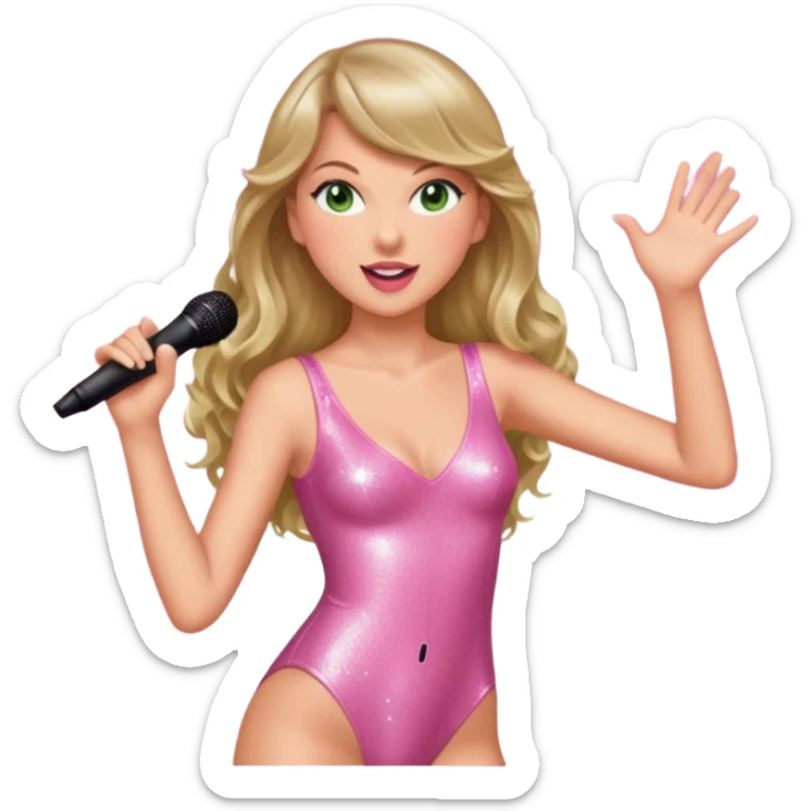 Green eyed smiling Taylor swift with long hair wearing a sparkly pink bodysuit singing at the eras tour sticker