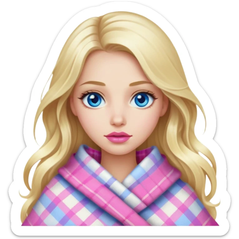 A beautiful blonde girl with long hair, blue eyes, pink lips is wrapped in a plaid sticker