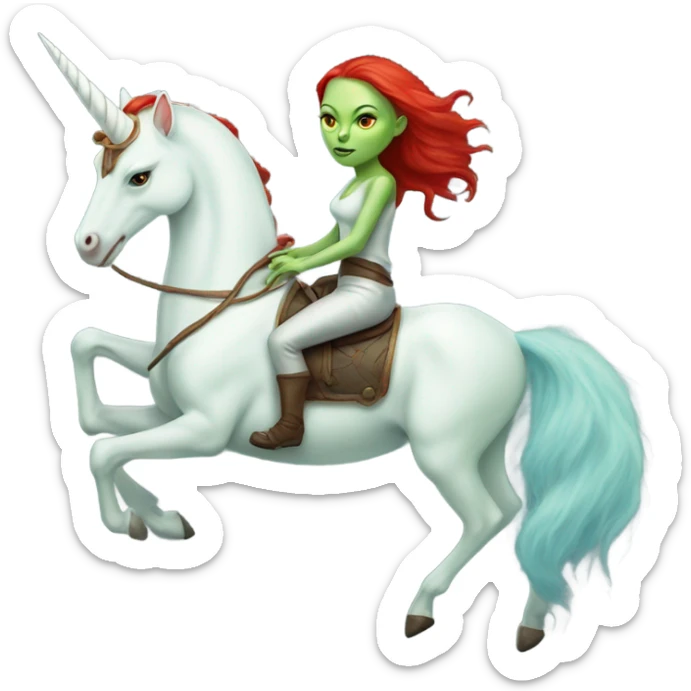 [politically incorrect
	{ woman: alien, color: light green, hair:red, eyes:cat} ]
	on a 
	[{ unicorn: white, legged:six, mane: light blue }] sticker