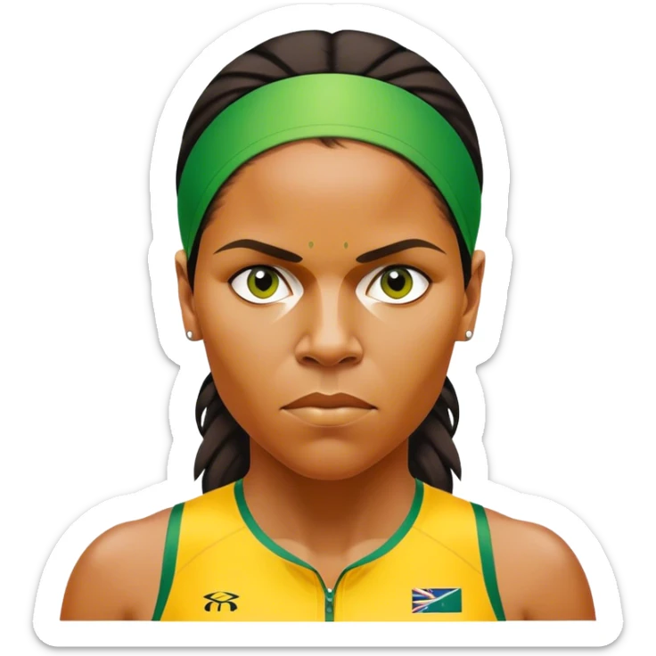 Cinematic Realistic portrait of Cathy Freeman, shown as an iconic Australian sprinter with a focused, determined expression and modern athletic yellow and green attire accented with subtle native motifs, rendered in dynamic, vibrant lighting sticker