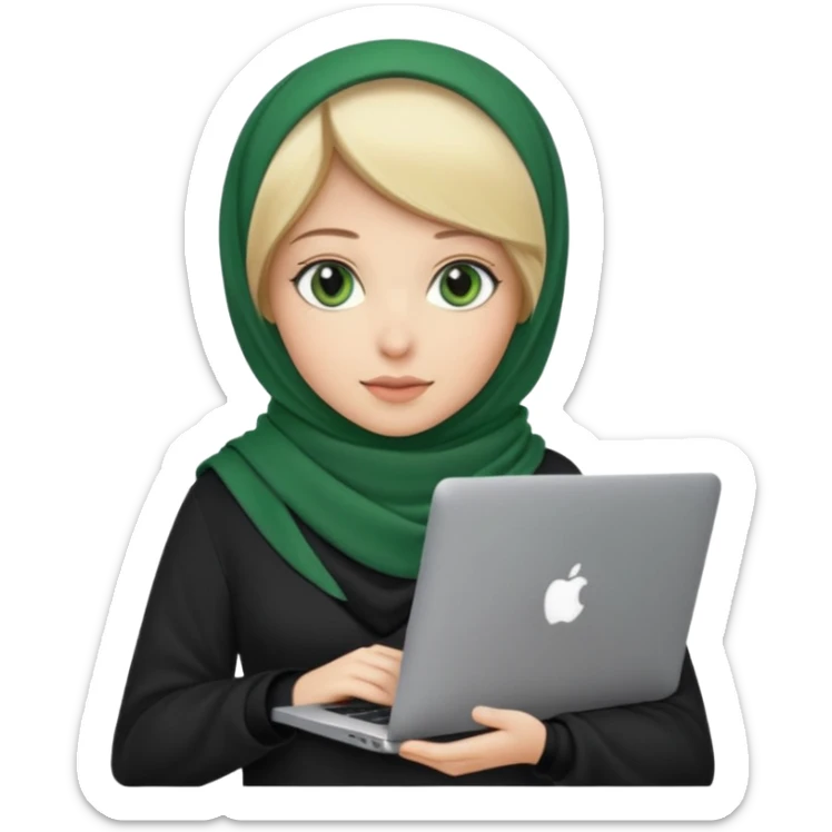 blond women skine , with green eyes , with black scarf hijab ,without hair, with macbook sticker