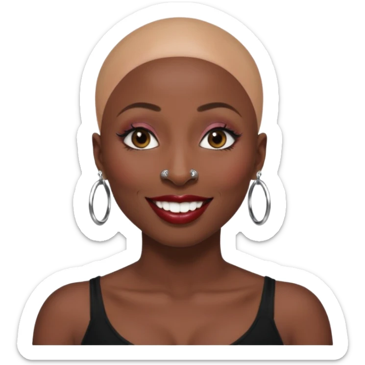 Grown black (proud) woman, bald with a perfect head, a prominent nose with a septum piercing, many piercings on her ears, a gap between her front teeth and very long nails (cynthia erivo) a proud lesbian, with long lashes and glam makeup sticker