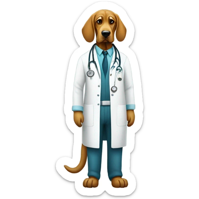 Full body White and gold bloodhound as a doctorwith scrubs and medical mask. sticker