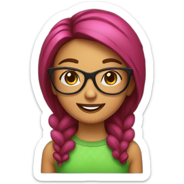 Chica Con coleta y color marrón con gafas verdes, sonrisa amplia y labios pintados de rosa sticker