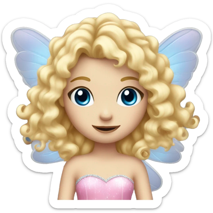 Fairy, a blonde hair with blue eyes and a pink dress with sparkly wings. White wings. The fairy has long, curly hair with a lot of volume sticker