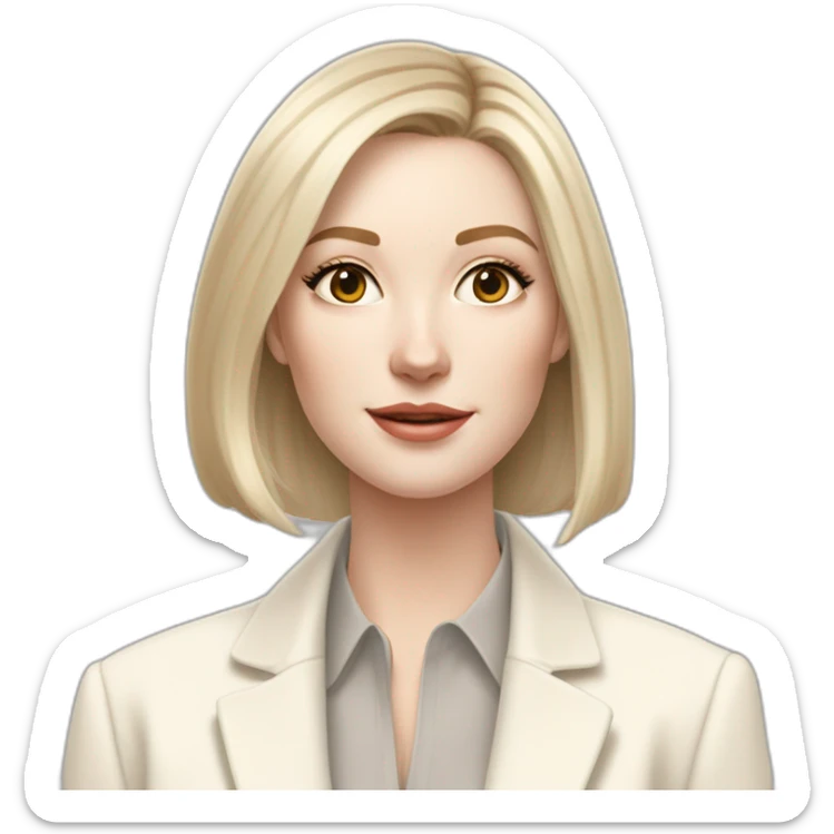 pale skin woman with ash blonde Straightened bob Hair, White Spacious classical jacket, beige palazzo Arrow pants and gray blouse holding white IPhone 15 pro in the hands sticker