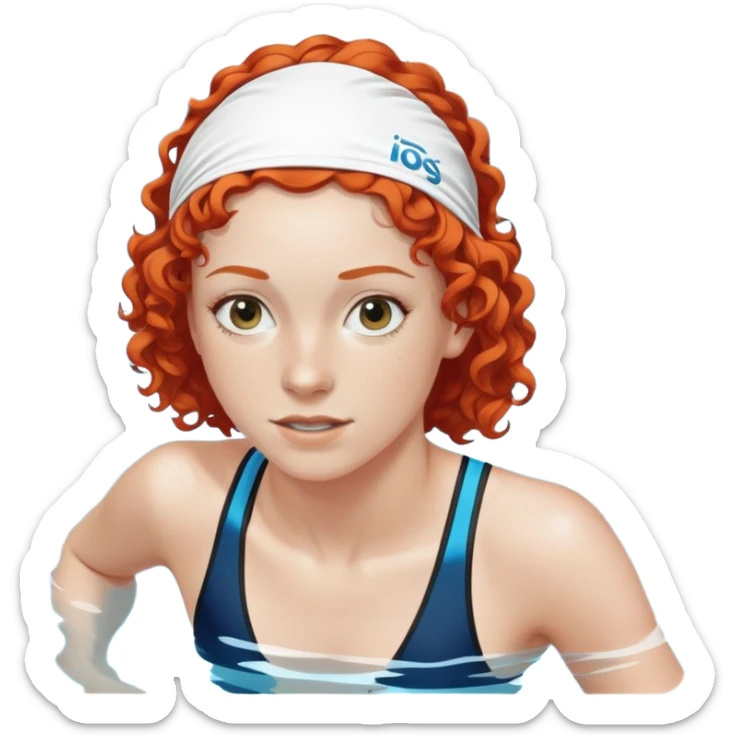 thin 18-year-old white female athlete swimmer with curly red hair about to enter a pool sticker