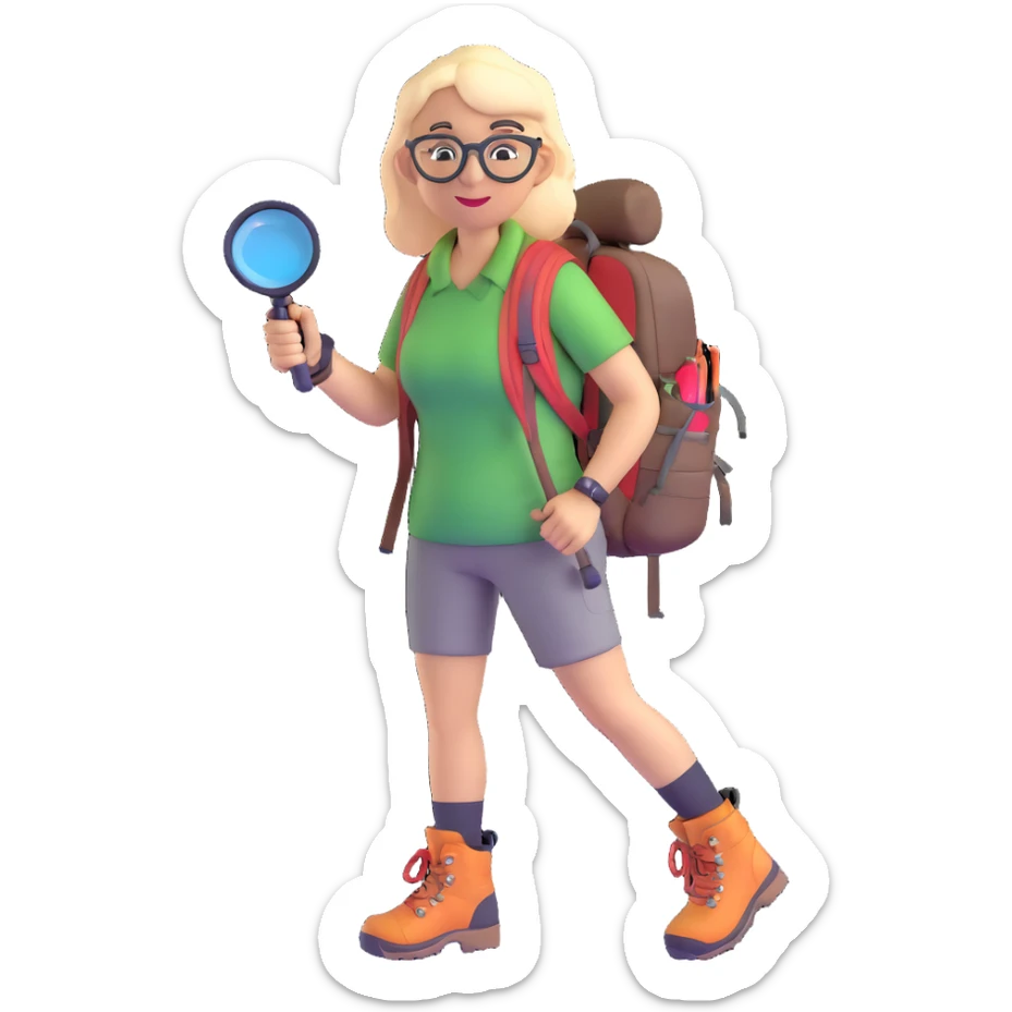 Very happy excited woman in her 40s with glasses wearing sporty outfit, hiking boots, and backpack, holding a magnifying glass sticker
