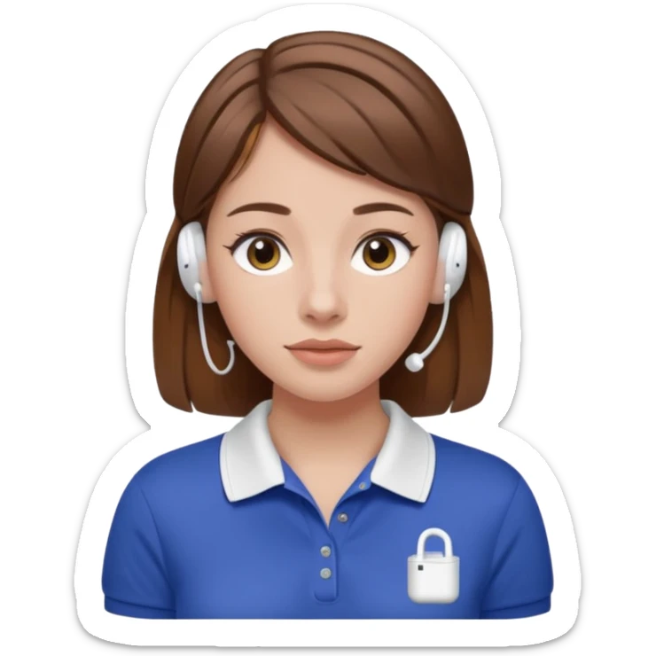 Girl with brown hair with airpods wearing a wegmans polo sticker