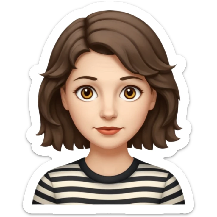 fair-skinned caucasian woman, 40s, chin-length rather wavy/unruly brown-ish hair with some white stripes (wolf haircut), hazel eyes. no glasses sticker