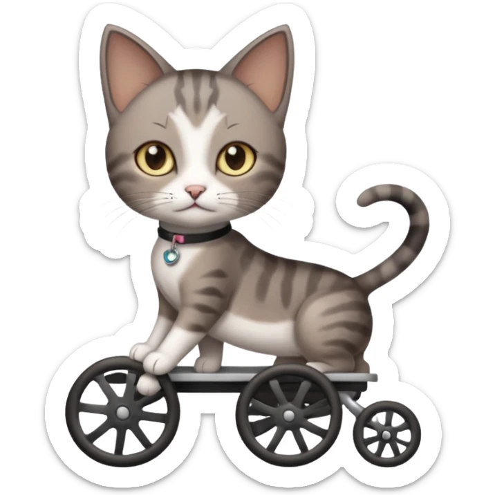 full body small short hair dark brown and white cat with hazel eyes walking in a wheelchair for cats sticker