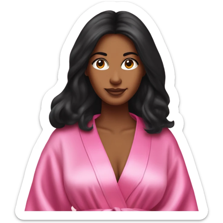 Tanned woman with long black hair wearing a silk pink Victoria’s Secret robe sticker
