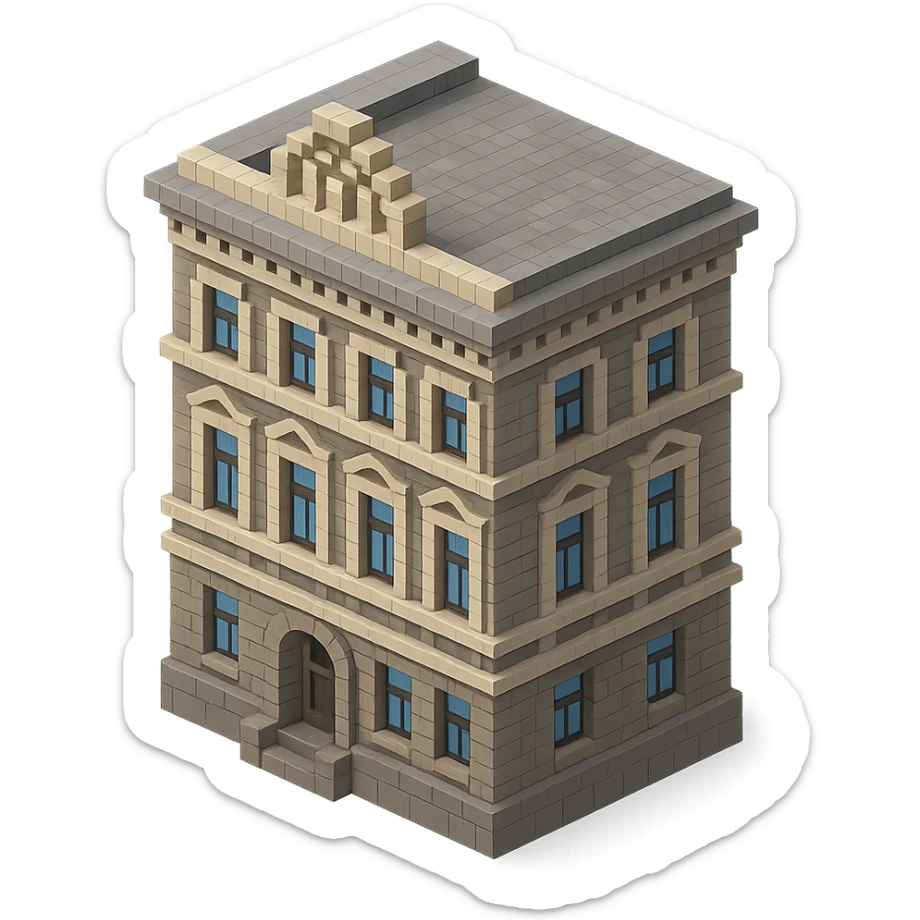 old Saint Petersburg building in voxel style, gray-brown tones, classic ornate facade, isometric view sticker